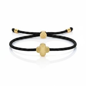 BRANSOLETKA CZARNA NA SZNURKU Koniczyna BLUEBERRY Złota REGULOWANA