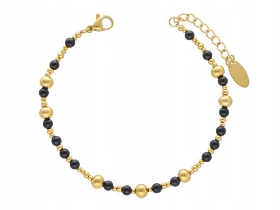 BRANSOLETKA ONYKS CZARNY KORALIKI STAL CHIRURGICZNA ZŁOTA