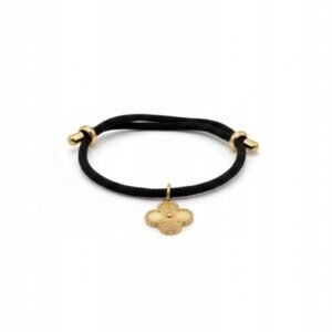 BRANSOLETKA STAL NIERDZEWNA Złota Koniczynka Czarny Sznurek REGULOWANA