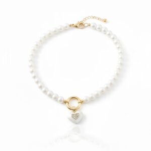 Naszyjnik Koralik Biały Serce Cyrkonie Złote Zapięcie LA FLEUR