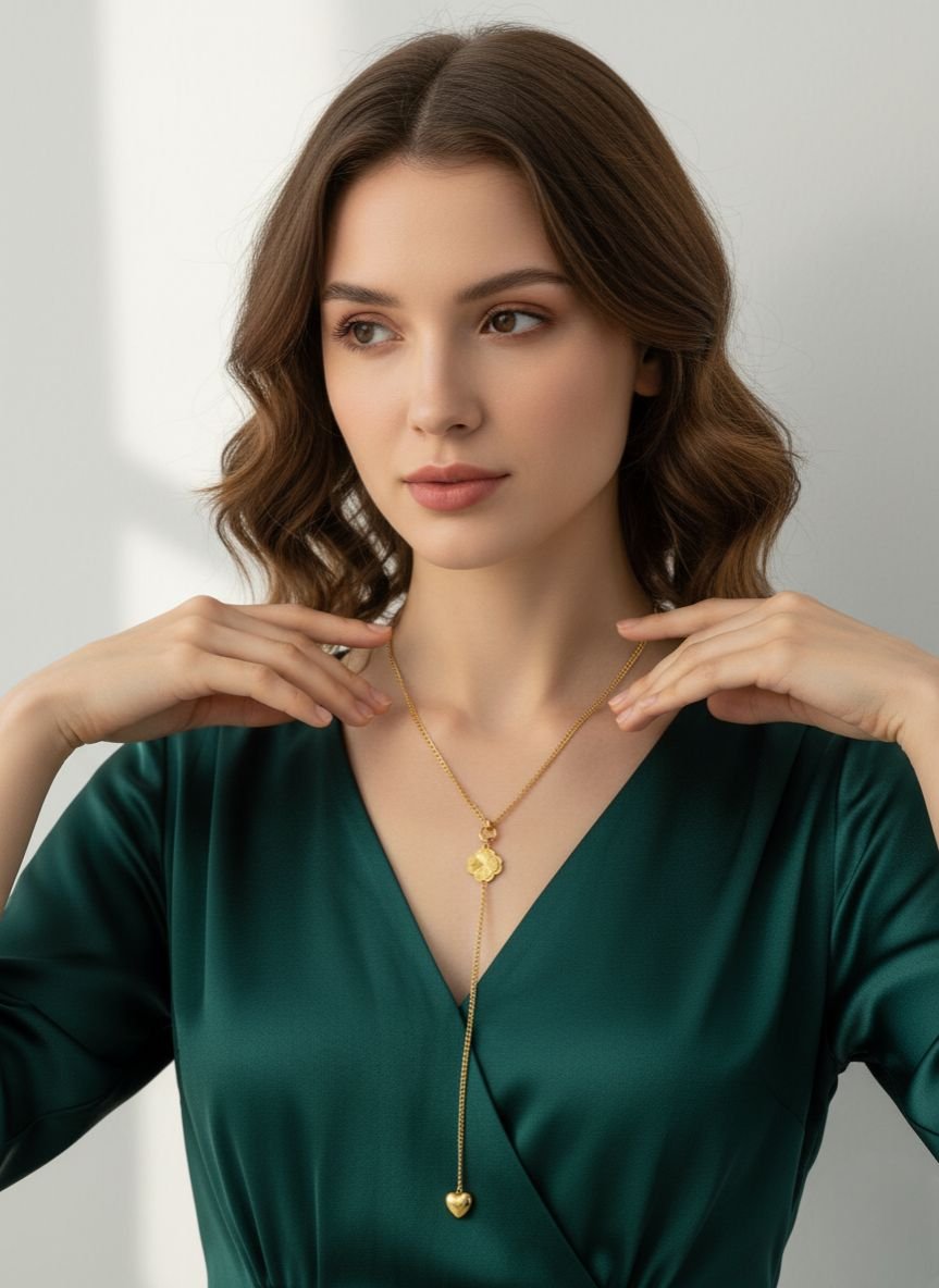 Naszyjnik Bluberry Krawatka Złoty Łańcuszek Koniczynka Serce Stal - obrazek 2