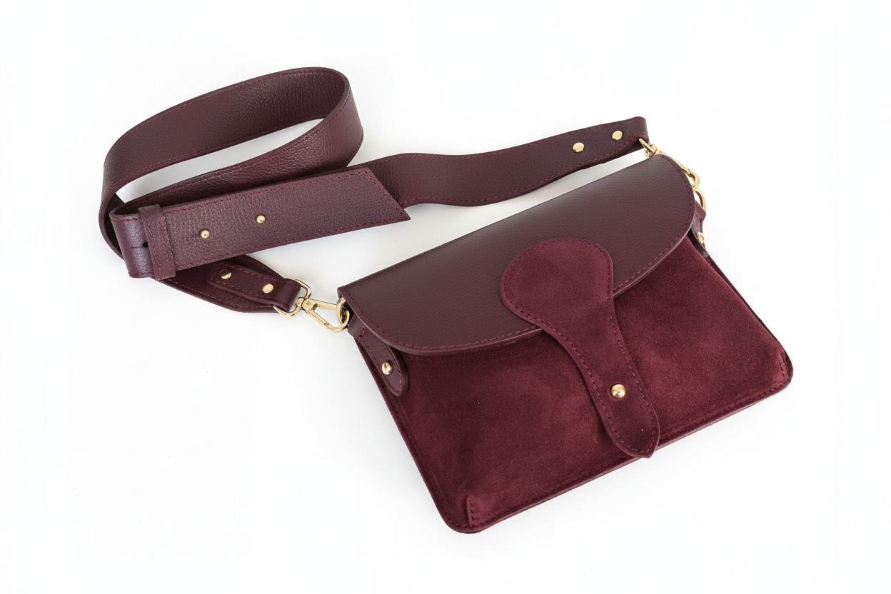 Torebka Listonoszka Skóra Naturalna i Zamsz Bordowa