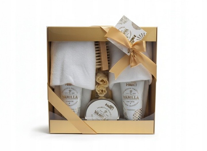 ZESTAW SPA do Ciała 6w1HOME COSMETICS VANILLA Peeling, Żel Balsam Akcesoria